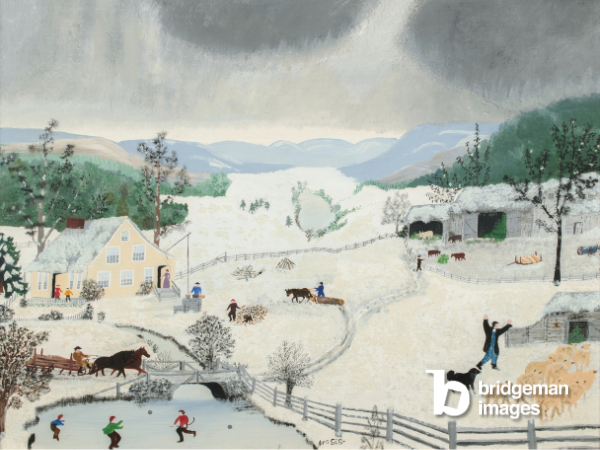 Grandma Moses painting of a snowy scene in December