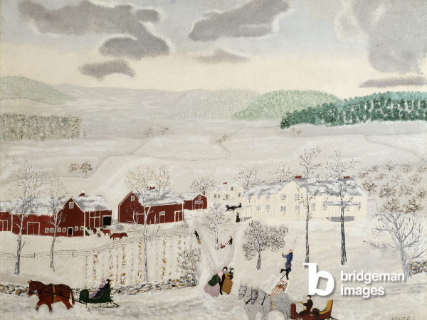 Grandma Moses painting of a snowy landscape during winter