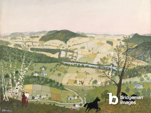 Grandma Moses' painting showing a large landscape with two black horses at the front