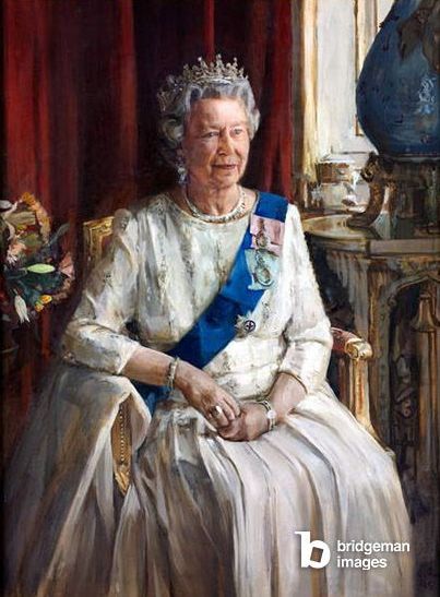 HM Queen Elizabeth II, 1995 (oil on canvas) / The Royal Overseas League Headquarters, Park Place, London / © Christian Furr. All rights reserved 2022 / Bridgeman Images