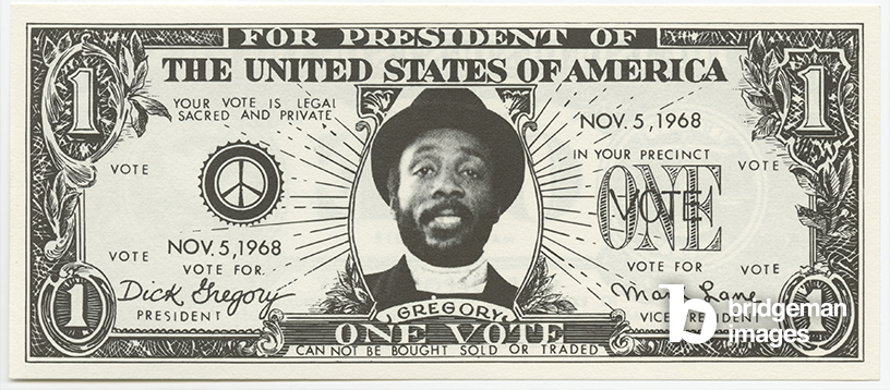 Dick Gregory Campaign Money, 1968 (b/w photo) / Courtesy of the Amistad Research Center, New Orleans, LA / Bridgeman Images