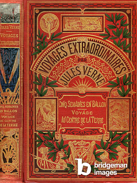 Cover of Jules Verne's book with 2 novels:” Five Weeks in Ballon” (1863) and “ Journey to the Centre of the Earth” (1864) - Hetzel collection/Extraordinary Voyages - Polychrome cardboard says back to the lighthouse to an elephant, with Extraordinary Voyages in the fan. Binding made by Mr. Engel between 1905 and 1914 / Bridgeman Images