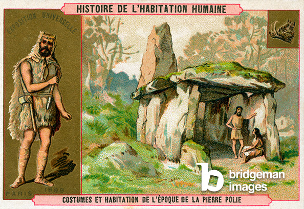Error of 19th century prehistorians: on this chromo (chromolithograph) published at the 1889 Universal Exhibition in Paris, a dolmen is considered a prehistoric house and not a tomb © Patrice Cartier. All rights reserved 2023 / Bridgeman Images