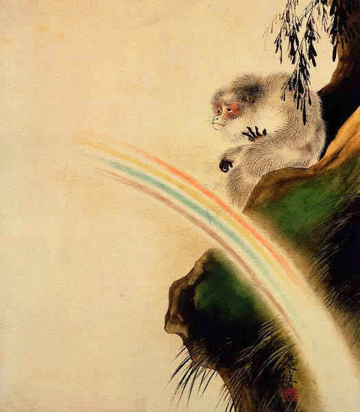 Gibbon seated on a rock with rainbow in foreground (lacquer on paper), Zeshin, Shibata (1807-91) / British Museum, London, UK / Bridgeman Images