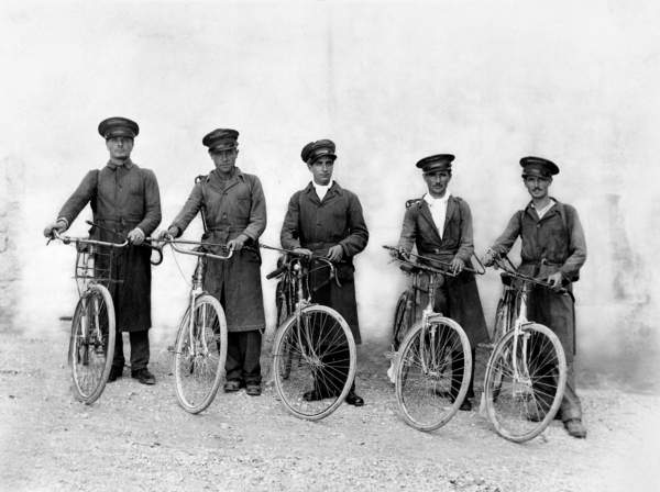 The 'Five Musketeers' of Spoleto, pest control officers with their bikes, c.1930 (gelatin silver print), Jules Brocherel
