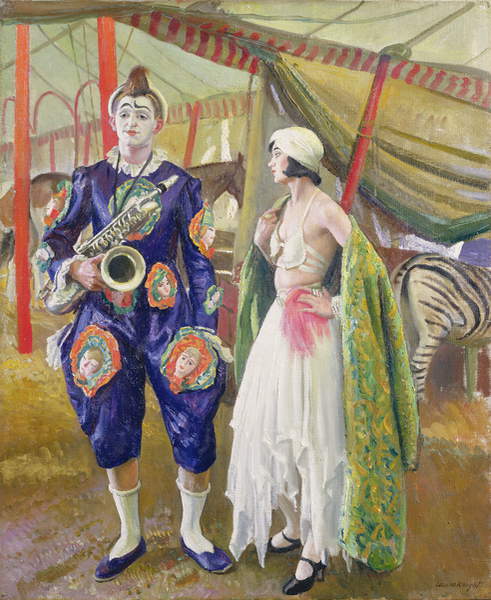 A Musical Clown, 1930 (oil on canvas), Laura Knight (1877-1970) / Harris Museum and Art Gallery, Preston, Lancashire, UK / Bridgeman Images