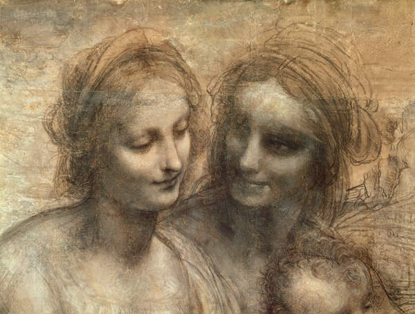Detail of the Heads of the Virgin and St. Anne, from The Virgin and Child with SS. Anne and John the Baptist, c.1499 (charcoal and white chalk on paper, mounted on canvas), Leonardo da Vinci (1452-1519) / National Gallery, London, UK / Bridgeman Images