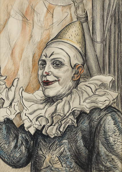 image of Joe Craxton the Clown (charcoal & wash on paper), Laura Knight (1877-1970) / Private Collection / Bourne Gallery, Reigate, Surrey / Bridgeman Images