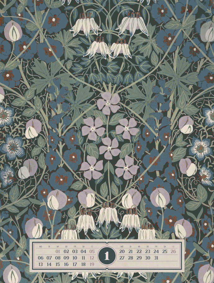 Victorian inspired gif image presenting a selection of pages featuring work by William Morris, Harry Wearne and William Kilburn