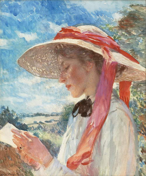 Image of the painting The Sun Hat, 1910 (pencil and watercolour on paper), Laura Knight, (1877-1970) / Private Collection / Photo © Christie's Images / Bridgeman Images