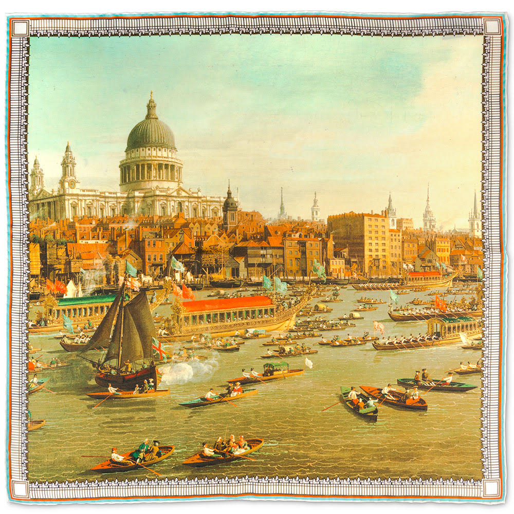 image of the pocket square scarf featuring artwork by Venetian artist Canaletto, depicts The River Thames with St. Paul's Cathedral on Lord Mayor's Day, c.1747-8.