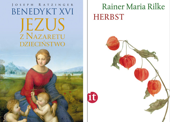 images of the book covers of  Jezus z Nazaretu Dziecinstwo and Herbst by Rainer Maria Rilke, both featuring Bridgeman Images content on the cover