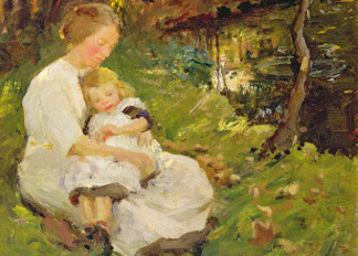 Mother and Child in a Wooded Landscape, 1913, Harold Harvey (1874-1941) / Private Collection / © Gavin Graham Gallery, London, UK
