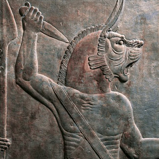 Detail of a relief depicting figure of guardian lion, from ancient Nineveh, Iraq / De Agostini Picture Library