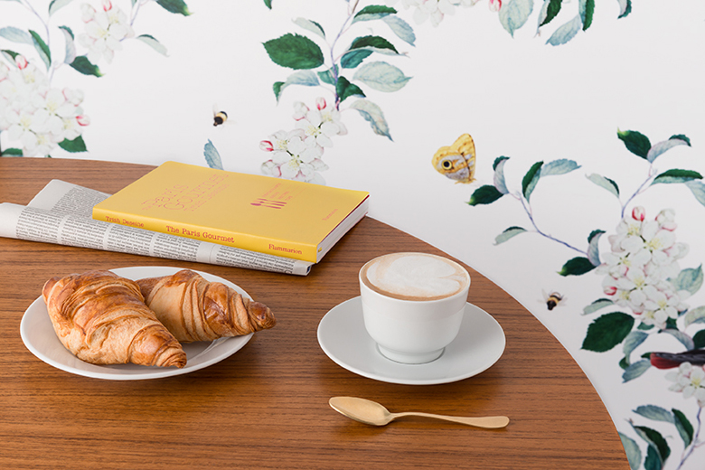 Les Pommes cappuccino & brioche Italian breakfast with Bridgeman Images background panel - © Les Pommes 2015