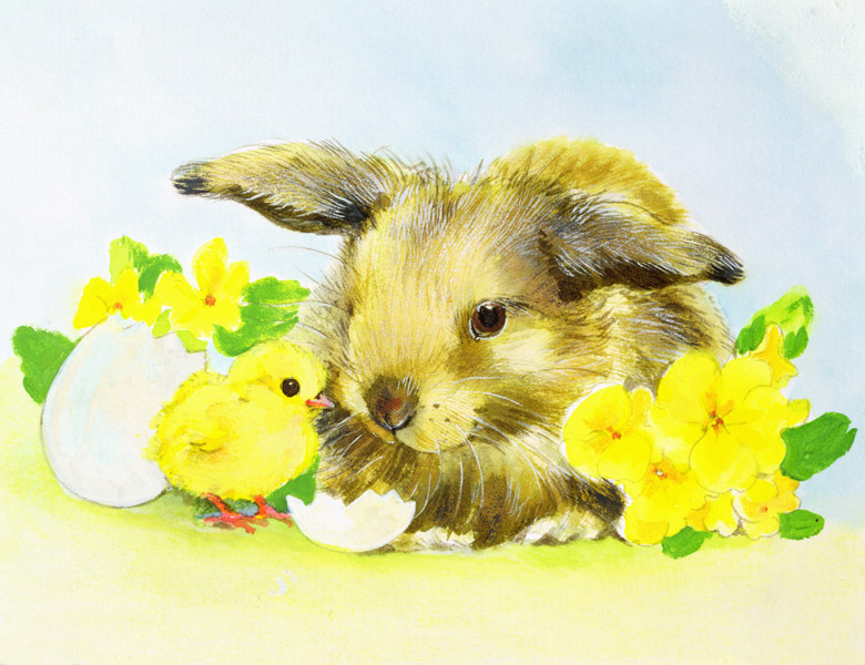 Easter bunny with primrose and chick by Diane Matthes (Contemporary Artist)  / Bridgeman Images
