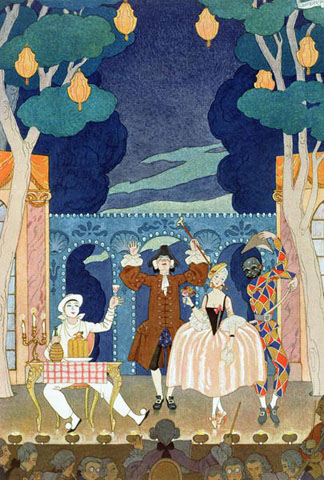 Pantomime Stage, illustration for 'Fetes Galantes' by Paul Verlaine (1844-96) 1924 (pochoir print) by Georges Barbier (1882-1932) (after) / Private Collection / The Stapleton Collection