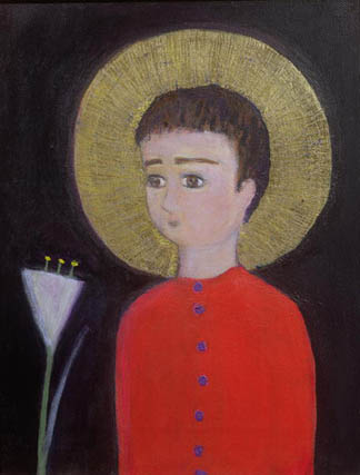 Boy with Lily, 2002 (acrylic and gold leaf on canvas) by Roya Salari (Contemporary Artist)
