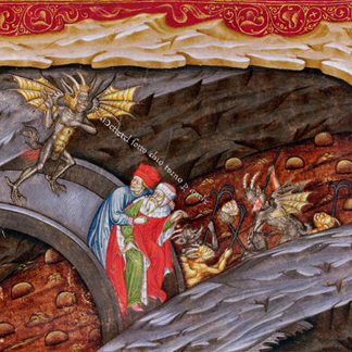 XIR175595 detail from Dante's Inferno with a commentary by Guiniforte deglie Bargigi (vellum) by Italian School, (15th century)/ Bibliotheque Nationale, Paris, France