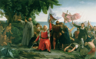 XJL186948 The first landing of Christopher Columbus (1450-1506) in America, 1862 by Dioscoro Teofilo de la Puebla Tolin (1832-1901), Ayuntamiento de Caruna, Spain