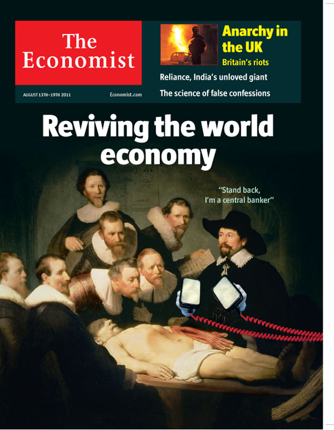 Economist magazine cover. Issue date 13/08/2011. <br> The Anatomy Lesson of Dr. Nicolaes Tulp, 1632 by Rembrandt (1606-69) / Mauritshuis, The Hague, The Netherlands /Bridgeman