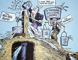 PNP253853 (detail) Cartoon depicting Franklin D. Roosevelt's 'Pump Priming Deficits', 1933 (colour litho)/ Peter Newark American Pictures