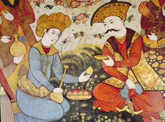 Shah Abbas I (1588-1629) and a Courtier offering fruit and drink (detail) by Persian School Chehel Sotun, or 'The 40 Columns', Isfahan, Iran/ Giraudon