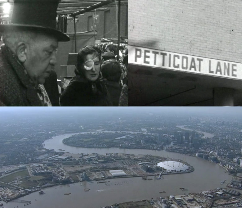 London East End Markets / Aerial view of Thames / Bridgeman Footage