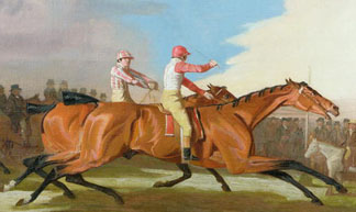 Match between Colonel Henry Mellish's 'Eagle' and Sir Charles Bunbury's 'Eleanor', Newmarket, 31st October 1804 by Benjamin Marshall (1767-1835) / National Horseracing Museum, Newmarket, Suffolk, UK (detail)