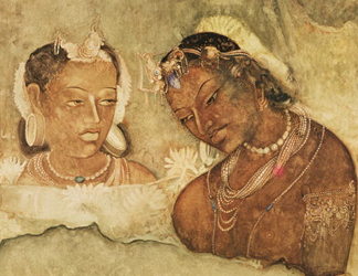 XIR158616 A Princess and her Servant, copy of a fresco from the Ajanta Caves, India (fresco) by Indian School</BR>Musee Guimet, Paris, France/ Lauros / Giraudon