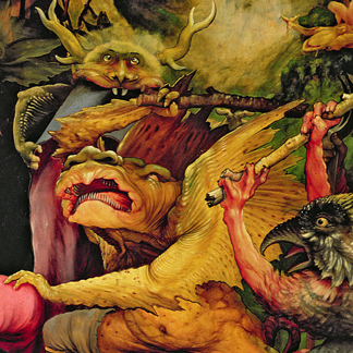XJL62331 Demons Armed with Sticks, detail from the reverse of the Isenheim Altarpiece, 1512-16 (oil on panel) by Matthias Grunewald/ Musee d'Unterlinden, Colmar, France