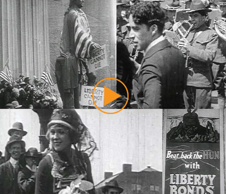War bond rally with Hollywood stars from the silent film era such as Marie Dressler, Mary Pickford, Charlie Chaplin, and Douglas Fairbanks / Bridgeman Footage