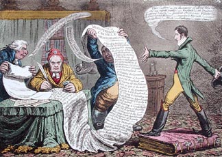 Preparing for the Grand Attack, or A Private Rehearsal of the ci-devant Ministry in danger, published by Hannah Humphrey in 1801 (hand-coloured etching) by James Gillray (1757-1815) © Courtesy of the Warden and Scholars of New College, Oxford