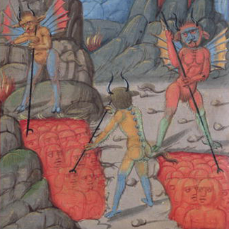 CND187030 Usurers in hell, from 'Le Tresor de Sapience' written by Jean Charlier de Gerson (vellum) (detail) by French School/ Musee Conde, Chantilly, France
