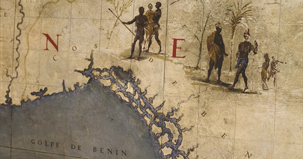 Terrestrial globe, detail of the Gulf of Benin, 1683 by Vincenzo Maria Coronelli (1650-1718) <br>Bibliotheque Nationale, Paris, France/ © Christian Larrieu