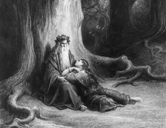 The Enchanter Merlin and the Fairy Vivien, from a poem by Alfred Tennyson (engraving) by Gustave Dore / Private Collection
