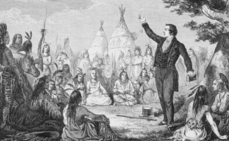KW114969 Joseph Smith, Founder of the Mormon Church, Preaching to Indians, from 'La Vuelta al Mundo', published in Madrid, 1865 (engraving)/ Ken Welsh