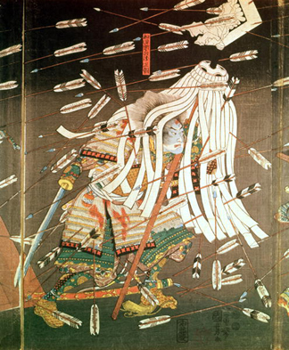 XZL150454 The Last Stand of the Kusanoki Clan, the Battle of Shijo Nawate, 1348, c..1851 (woodblock print) by Utagawa Kuniyoshi (1798-1861)/ Victoria & Albert Museum, London, UK
