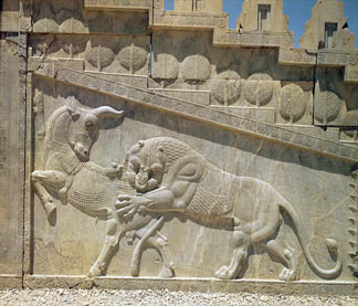 Lion fighting a bull, relief on the east staircase of the Apadana, Achaemanian Period, c.515 (stone), Achaemenid, (550-330 BC) / Persepolis, Iran / Giraudon