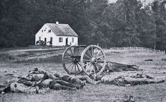 PNP264224 Dead Confederate Gun Crew after The Battle of Antietam, 17th September 1862 with the Dunker church in the background (b/w photo)/ Peter Newark Military Pictures