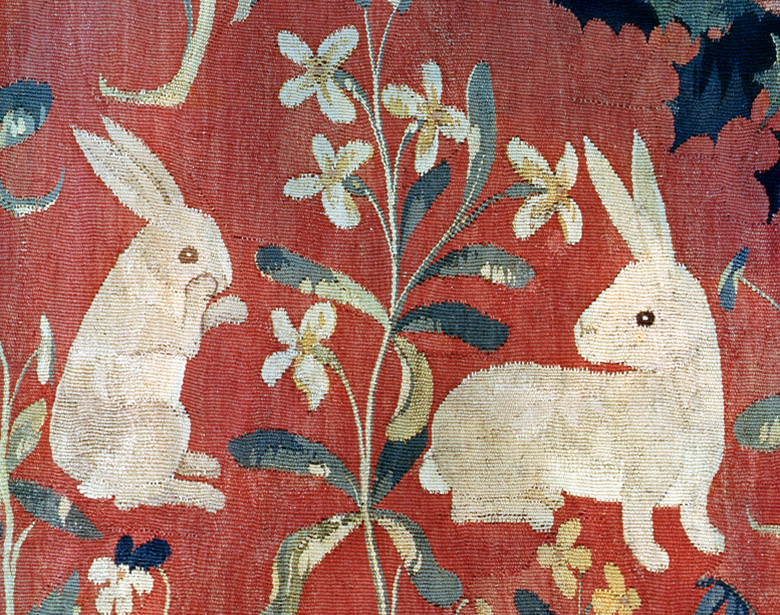 The Lady and the Unicorn: 'Taste', detail of two rabbits (tapestry), French School, (15th century) / Musee National du Moyen Age et des Thermes de Cluny, Paris 