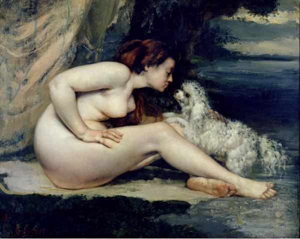 photo of the painting Female Nude with a Dog (Portrait of Leotine Renaude) 1861-62 (oil on canvas), Gustave Courbet (1819-77) / Musee d'Orsay, Paris, France / Bridgeman Images