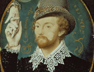BAL8069 Man clasping hand from a cloud, possibly William Shakespeare, 1588 by Nicholas Hilliard (1547-1619)</BR>Victoria & Albert Museum, London, UK