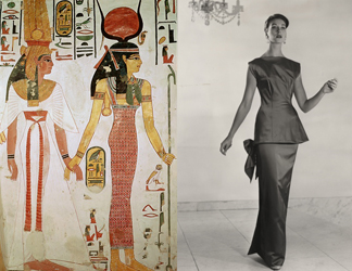 Isis and Nefertiti, from the tomb of Nefertiti (c. 1297-1185 BC), Thebes;  Sophisticated sheath dress by Michael, Autumn 1955 (b/w photo) by Zanton / Fashion Museum, Bath, UK