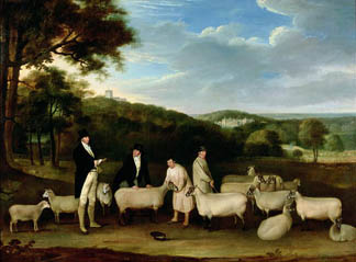 Portrait of Thomas William Coke, Esq. (1752-1842) inspecting some of his South Down sheep with Mr Walton and the Holkham shepherds Thomas Weaver (1774-1843) / © Collection of the Earl of Leicester, Holkham Hall, Norfolk