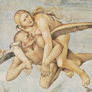 XIR154091 One of the Damned Riding on a Devil, from the Last Judgement (fresco) (detail) by Luca Signorelli/ Duomo, Orvieto, Umbria, Italy