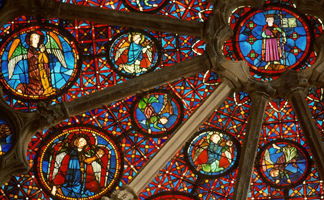 PC340040 North rose window (stained glass) by French School, (13th century), Cathedral de St. Jean, Lyon, France