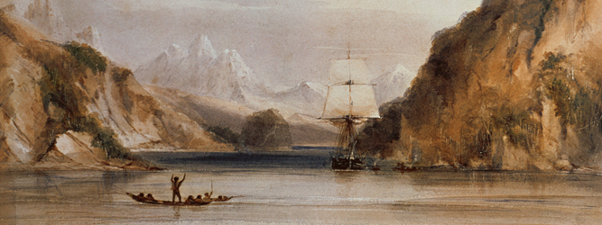 4367 HMS 'Beagle' in the Murray Narrows, Beagle Channel (w/c on paper) by Conrad Martens (1801-78), Down House, Kent, UK