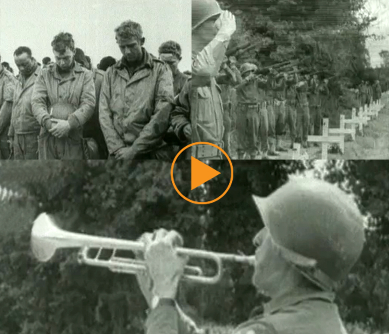 Allied troops pray, military funeral for the fallen. Normandy 1944 / Bridgeman Footage