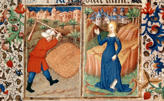 BL10658 Virgo: Threshing in August, from the Bedford Hours, 1414-23 (vellum)/ British Library, London, UK